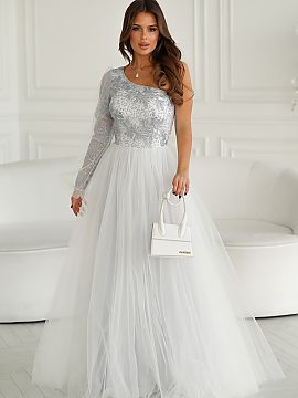 Long dress Bicotone  Phenomenal prom dress with one shoulder sleeves. The top is covered with lovely shimmering lace, additionally decorated with minimalist mesh