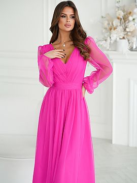 Evening dress Bicotone  Midi dress with a slightly flared layered skirt trimmed with brocade mesh. The top of the creation is crinkled with long sleeves finished wi