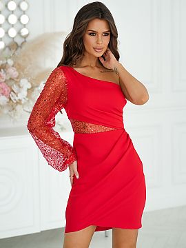 Short dress Bicotone  Mini dress with beautiful sequin sleeves on one shoulder. The top is asymmetrical, also with a sequin insert. The bottom of the creation is 