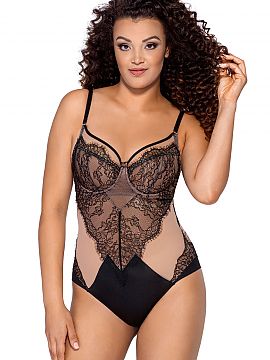 Shapewear Body Ava  Elegant bodysuit made of openwork lace and stretch mesh. Front and back partially lined with beige tulle, soft underwired cups, adjustable, 