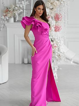 Long dress Bicotone  Elegant one shoulder dress with decorative feathers. Ideal for special occasions, it combines modern style with classic charm. Comfortable a