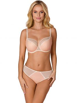 Semi-soft Vena  Elegant semi-padded bra. The upper part of the cup is made of mesh, the lower part of the cup is made of patterned knit fabric in peach colo