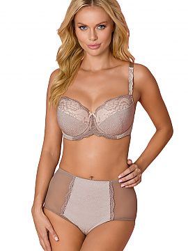 Panties Vena  Elegant mocca-colored panties with a higher, full cut are made of patterned knit fabric, delicate lace and mesh.