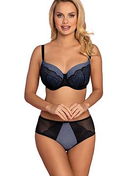 Padded bra Vena  Elegant padded bra. The upper part of the cup is made of fabric imitating denim, the lower part of the cups is covered with lace. No vertica