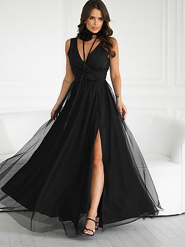 Long dress Bicotone  Beautiful, long dress that impresses with its extraordinary cut. Made of airy fabric, it perfectly emphasizes the silhouette. The top of the