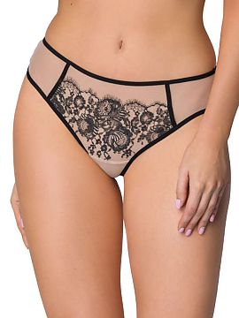 T-backs Mat   Tempting Frances thong in beige and black color. They are made of beautiful lace and elastic tulle. The waistband is decorated with a bow. 