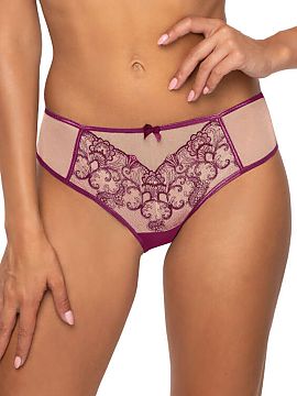 T-backs Mat  Women\'s beige and purple Maureen S-3808/4 thongs perfectly fit the figure and impressively emphasize the buttocks. The front is made of del
