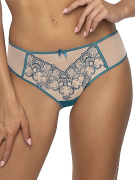 T-backs Mat  Women\'s beige and turquoise thong Maureen S-3808/4 perfectly fits the figure and impressively emphasizes the buttocks. The front is made of