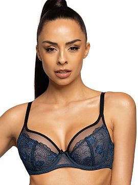 Soft Mat  Elegant and sensual Saddie soft bra in navy blue and black. Cups trimmed with navy blue stable embroidery. The top of the cups made of delic