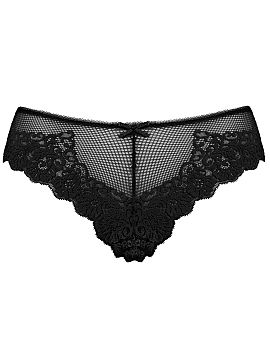 T-backs Mat  The unearthly tempting Leyla thong. Lacy, see-through panties in black sexily wrap feminine charms. Cotton gusset.