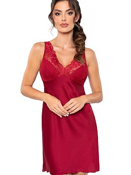 Nightshirt Donna  Nightshirt made of silk satin, neckline decorated with lace. Thin, adjustable straps. Length to mid thigh.