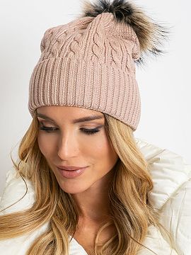 Cap AT  Winter hat with a wide cuff and fluffy pompom.