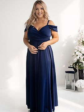 Long dress With You  Elegant long dress with a wrap neckline, thin straps, and sleeves. The dress is cut at the waist, fastened with a concealed zipper, flared b