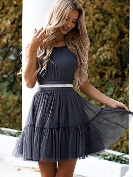 Evening dress With You  Elegant tulle dress with straps with adjustable tie. The dress fastens with a concealed zipper. Decorative belt for tying at the waist. Slig