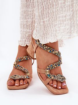 Heel sandals Step in style  Elegant women\'s sandals made of eco-suede are a unique choice for special occasions. Set on a stiletto heel with a mirrored element. The mo