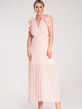 Cocktail dress Figl  Maxi dress with a wrap neckline and decorative, double ruffles on the shoulders. Elastic band and fabric belt for tying at the waist. The bo