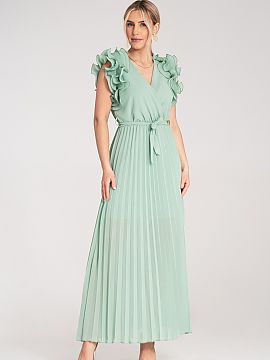 Cocktail dress Figl  Maxi dress with a wrap neckline and decorative, double ruffles on the shoulders. Elastic band and fabric belt for tying at the waist. Long b