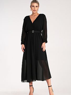Cocktail dress Figl  Maxi dress with pleated, wrap neckline. Long sleeve with cuff, belt at the waist.