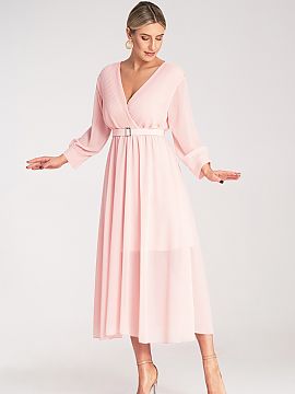 Cocktail dress Figl  Maxi dress with pleated, wrap neckline. Long sleeve with cuff, belt at the waist.