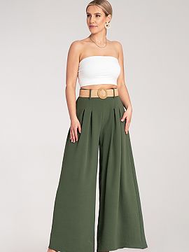 Women's pants Figl  Wide trousers with a high waist and a decorative, woven belt. Lightweight material and loose fit provide comfort, while subtle pleats add el