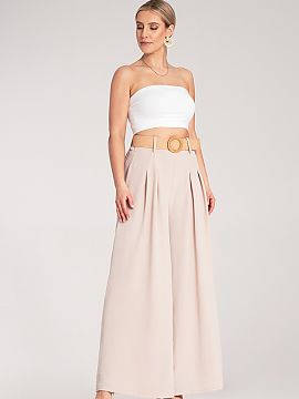 Women's pants Figl  Wide pants with a high waist and a decorative, braided belt. The light material and loose fit provide comfort, and subtle pleats add eleganc