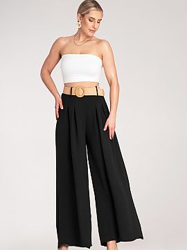 Women's pants Figl  Wide trousers with a high waist and a decorative, woven belt. Light material and loose fit provide comfort, while subtle pleats add elegance