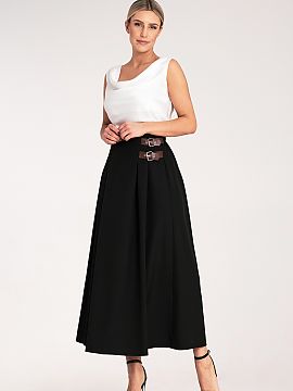 Skirt Figl  Elegant midi skirt. Model with subtle pleats and stylish side straps with buckles.