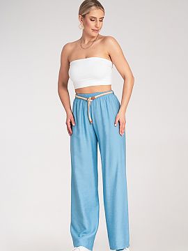 Women's pants Figl  Boho pants with an elastic waistband and a decorative woven belt in a natural shade. Made of lightweight, breathable material. With elastic 