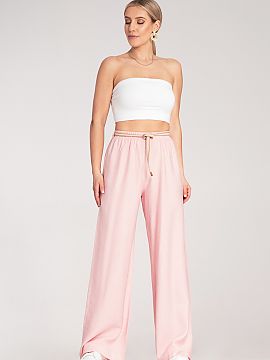 Women's pants Figl  Boho trousers with an elastic waistband and a decorative braided belt in a natural shade. Made of lightweight, breathable material. With an 