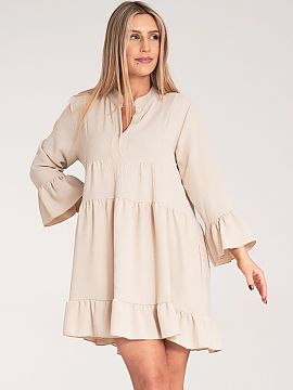 Daydress Figl  Loose dress with frills. V-neck with a delicate stand-up collar and button closure.