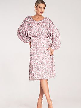 day dress Figl  Midi dress in a floral pattern made of high-quality satin. Kimono style cut. Dress with loose sleeves finished with a cuff. Slight gathering
