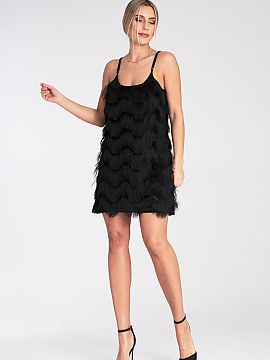 Evening dress Figl  Mini dress with decorative fringes. Thin, adjustable straps. Loose cut. Dress with lining.