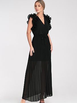 Long dress Figl  Maxi dress with ruffles on the shoulders. The bottom of the dress is pleated and flared. Wrap neckline. Dress with lining.