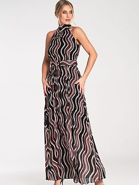 Daydress Figl  Maxi dress with bare shoulders. All pleated, tied at the neck, with lining. An additional belt at the waist.