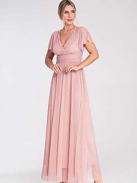 Long dress Figl  Midi dress made of mesh with short butterfly sleeves. The model has built-in cups and a sweetheart neckline. Flared bottom with lining. Wide