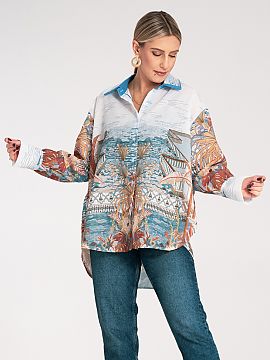 Long sleeve shirt Figl  Oversize shirt with an artistic print made of light material. Shirt with a classic collar with contrasting finish and wide sleeves with cuff