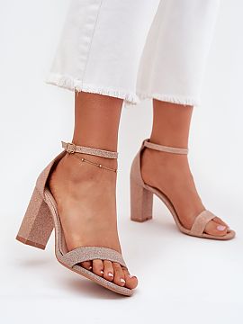 Heel sandals Step in style  Shiny brocade women\'s sandals with a column heel are a perfect choice for special occasions. Fastened with a buckle with an adjustable stra