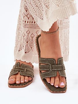 Flip-flops Step in style  Decorated women\'s mules made of eco suede are an elegant and comfortable option for warm days. Set on a flat heel, they provide comfort thr