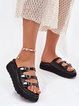 Flip-flops Step in style  Women\'s eco-leather sandals, set on a platform, are a combination of comfort and style. The model stands out with three thin, adjustable st