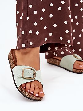 Flip-flops Step in style  Women\'s sandals made of eco suede. Set on a cork platform. They stand out with a buckle with an adjustable strap, which allows for a perfec