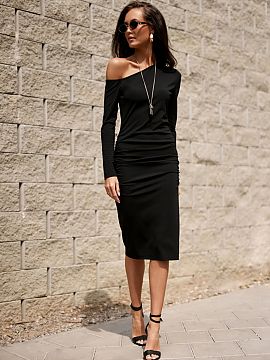 Evening dress Roco Fashion  Model Noemi is a women\'s midi dress with an eye-catching cut, a sensual one-shoulder neckline beautifully accentuates the shoulders, and su