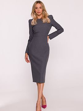 Daydress Stylove  Elegant pencil dress, made of smooth fabric with a melange structure. The classic, round neckline and long, straight sleeves give the whole 