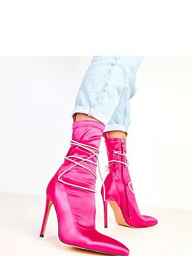 Heel boots Solea  Unique women\'s ankle boots made of elegant satin, which attract attention with decorative laces adorned with zircons. The slim pointed toe 