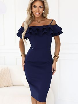 Daydress Numoco  Elegant and feminine navy pencil dress. The top is adorned with a striking double ruffle and thin straps beautifully emphasize the shoulder 