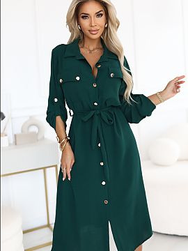 Daydress Numoco  An elegant green midi shirtdress is a proposal that combines classic with modern style. The shirt dress with a simple cut was designed with 