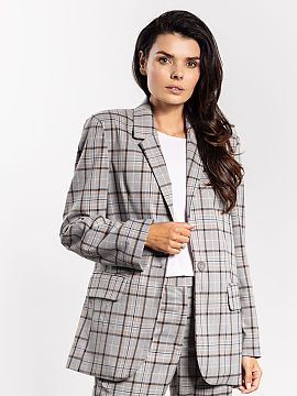 Jacket awama  An elegant women\'s oversized checkered blazer combines comfort and timeless style. The classic lapel collar and button closure emphasize th