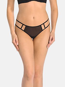 T-backs Teyli  Women\'s thong made of sheer mesh and thin elastic straps in black. The elastic thin straps run along the hips and are widely spaced apart, 
