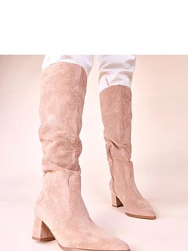 Heeled boots Solea  We present beige knee-high boots with a block heel, made of eco suede, from the renowned brand Gemre, which combine elegance and comfort. Th