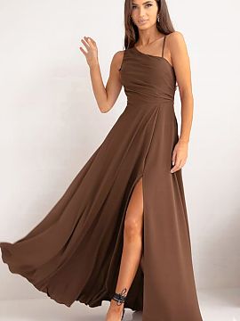 Long dress With You  Long straight dress with asymmetrical straps, one thin, the other thicker. Dress cut at the waist, flared bottom. Dress fastened with a conc