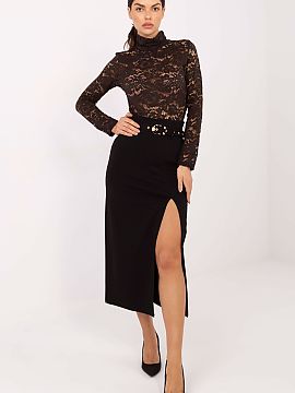 Skirt Rue Paris  Stylish, elegant midi-length skirt, perfect for formal occasions, parties, and evening outings. Made of a blend of viscose and nylon, making
